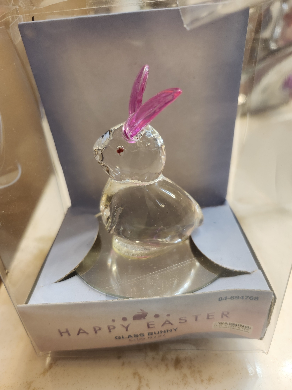 Happy Easter Glass Bunny Clear & Pink Decor NWT